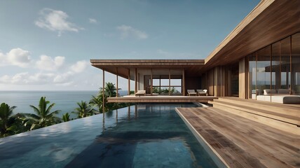 Fototapeta premium A contemporary Balinese villa with sleek wooden facades, glass walls, and an infinity pool overlooking the ocean, 3D renderingA contemporary Balinese villa with sleek wooden facades, glass walls, and 