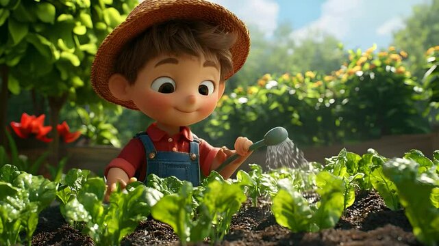 A cute farmer boy watering his garden with growing lush plants in a bright, vibrant scene. He's smiling happily while tending to his crops.