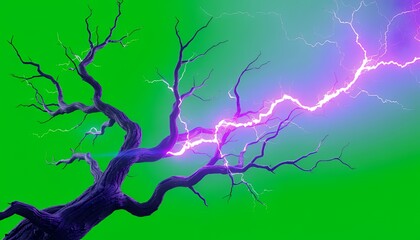 Digital Voxel Tree with Glowing Purple Lightning Strikes Isolated on Green Screen Background for VFX Fantasy Elements and Decoration Purposes Perfect for Compositing