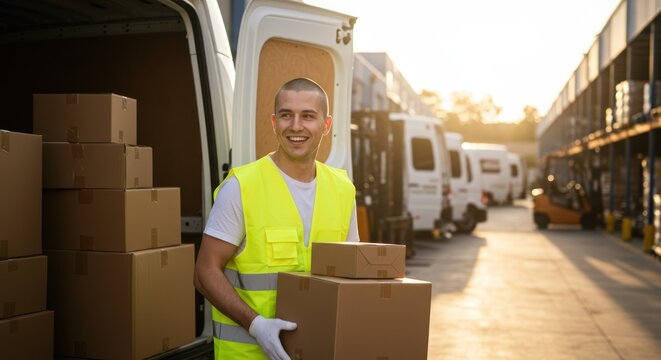 Delivery man smiling holding boxes near a van in a warehouse area.