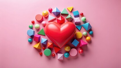 Obraz premium Colorful geometric shapes surrounding a bright red heart on a soft pink background, creating a playful and modern aesthetic