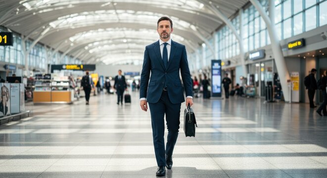 Man in suit walks at airport with briefcase blurred background.