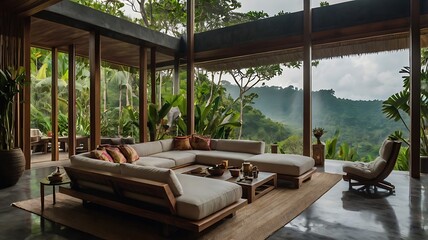Fototapeta premium A breathtaking Bali villa perched on a jungle cliff, with floor-to-ceiling glass windows and a seamless indoor-outdoor living experience