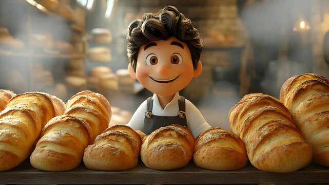 A cheerful baker standing behind a display of fresh-baked bread. His smiling face and the warm glow of the bread create a inviting atmosphere. The rustic setting adds charm to the scene