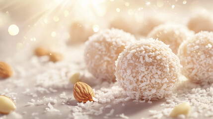 Coconut balls covered in shredded coconut, with almonds and hazelnuts scattered around.
