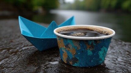 Obraz premium Paper boat and coffee cup on wet rocky surface near river in nature setting
