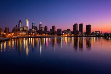 Obraz premium Philadelphia Nightscape: Illuminated Skyline Over Urban Landscape with Skyscrapers