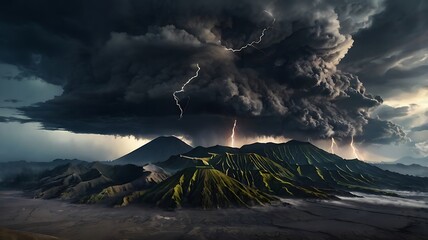 A cinematic 3D storm scene over Mount Bromo, with dark clouds, lightning, and a dramatic volcanic backdrop