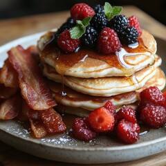 Delicious Pancake Stack with Berries, Syrup, and Bacon on a Plate