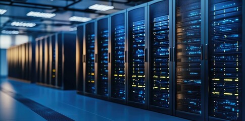 Bright data center with rows of server racks and glowing lights in a clean blue-lit environment, perfect for IT, infrastructure, cloud, and cybersecurity themes