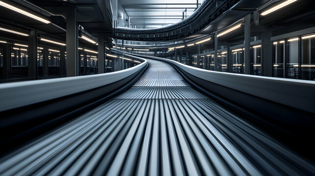 Long perspective view of a modern station platform with escalators and overhead structures.