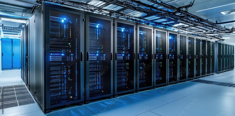 Poster highly secured server infrastructure in a clean, well-lit high tech facility with glowing data racks