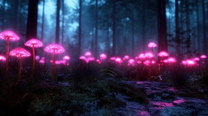 A stunning view of bioluminescent mushrooms glowing vividly in a dark forest, evoking a magical and adventurous atmosphere, perfect for fantasy and nature-themed collections.