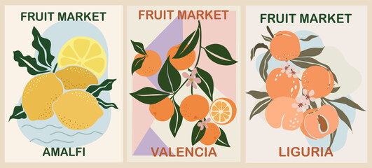 Set of Fruit Market retro posters Amalfi, Valencia, Liguria. Kitchen wall arts with lemon, orange, peach fruit designs. Colorful vector illustrations