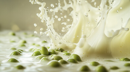 Fototapeta premium A splash of milk with green peas floating in it.