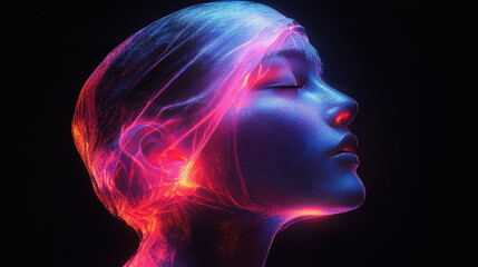 Fototapeta premium A woman's face is glowing in a neon color