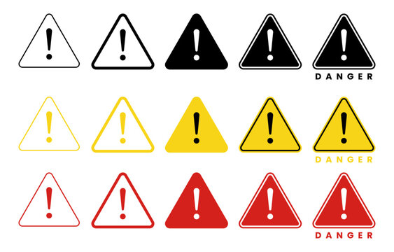Set of danger triangle vector icon on isolated transparent background, caution, warning icon, exclamation marks, attention, error.
