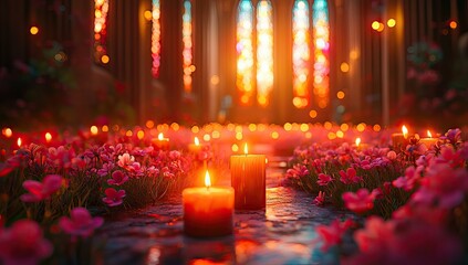 Candles with flowers, church, and sunset.