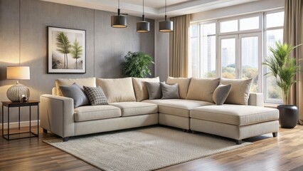 Modern L-Shaped Sectional Sofa with Plush Cushions and Light Beige Fabric in a Cozy Living Room Setting, home decor, interior design