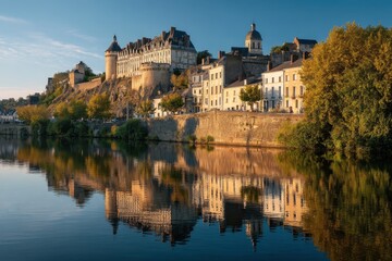 Fototapeta premium Scenic View of Laval: Majestic Architecture and Castle Reflections Along the Mayenne River in Pays de Loire, France