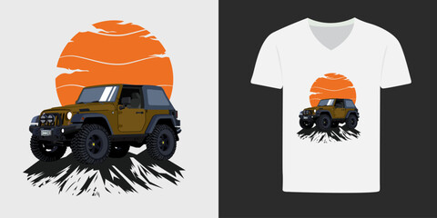 A rugged off-road jeep with a sunset backdrop, perfect for adventure lovers. This design is ideal for t-shirts, capturing the spirit of exploration and outdoor adventure in a stylish and bold graphic