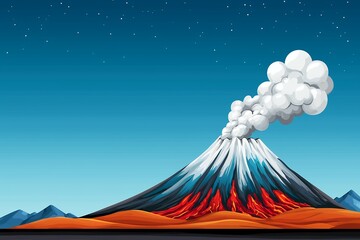 Volcanic Eruption at Night Dark Blue Sky, Glowing Lava, and Billowing Smoke