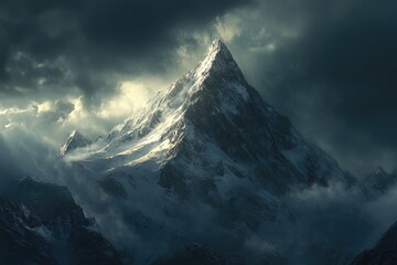 Majestic snow-capped peak piercing dark clouds (1)