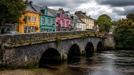 Naklejka premium Vibrant Westport Bridge in County Mayo, Ireland: A Colorful Architectural Marvel Overlooking the Charming Cityscape