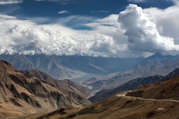 Fototapeta premium Khardung La: Gateway to Nubra Valley, Connecting Indus River Valley and Shyok River Valley Amidst Spectacular Himalayan Landscapes