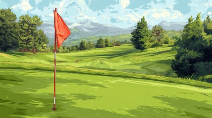 Obraz premium Vibrant Golf Course Featuring a Red Flag in the Hole Amidst Lush Green Grass