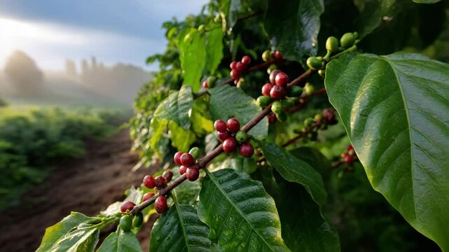 Fresh coffee beans on branch, glistening with morning dew, surrounded by lush green leaves in serene landscape of vibrant beauty.