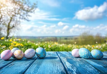 Easter eggs on a rustic wooden table in a spring landscape