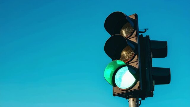 Traffic Light Signals Green, Yellow, and Red for Urban Road Safety and Effective Traffic Control Against Clear Blue Sky