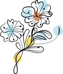 Abstract Floral Illustration with Line Art Flowers and Pastel Color Splashes