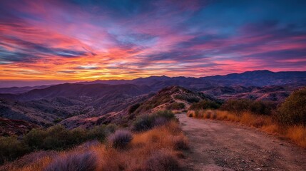 Vibrant Sunrise Over the Pacific Crest Trail: A Scenic Landscape in Southern California's Hills and Mountains