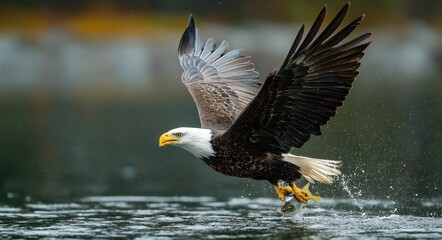 Obraz premium Majestic Bald Eagle in Action: Wildlife Portrait of an Eagle Catching Fish in Nature