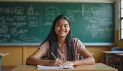 indian pupil smiling while standing near school board
