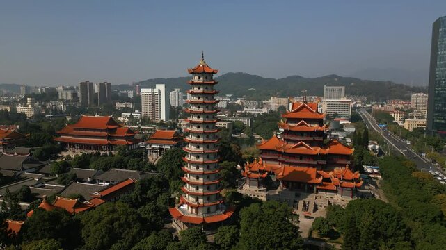 Drone 4K, aerial view of Xichan Temple, Fuzhou, Fujian, China, city in background
