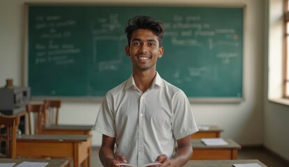 curious indian student standing by white classroom board