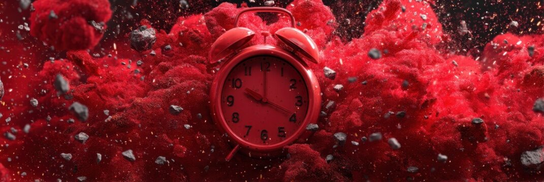 Joyful 'Bonne Annee' Displayed in a Red Alarm Clock Against a Digitally Exploding Background for a Vibrant New Year Celebration