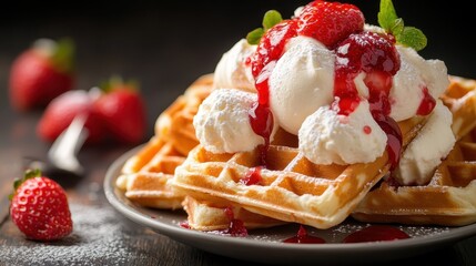 A tempting plate of waffles topped with creamy ice cream, fresh strawberries, and drizzled with sweet strawberry sauce, perfect for dessert lovers and food enthusiasts alike.
