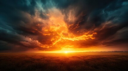 Obraz premium A breathtaking sunset illuminates the sky with vibrant colors, casting a serene glow over the endless grassland—a perfect fusion of nature's beauty and tranquility.