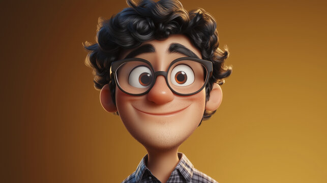 A cartoon character with curly hair, glasses, and a friendly smile, set against a warm background.