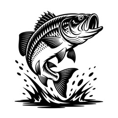 Vintage style vector illustration of a largemouth bass fish jumping out of water with splash, detailed black and white engraving design for fishing logo, t-shirt print, and outdoor branding