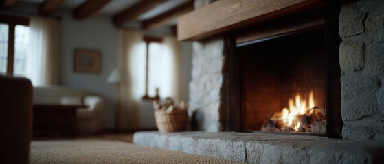 A cozy stone fireplace roars with warmth, filling a rustic room with a homely and inviting atmosphere.