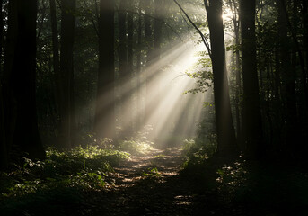 Obraz premium Sunbeams Illuminate Mystical Forest Path Nature Photography Tranquil Serene Peaceful Woods Woodland Scenery
