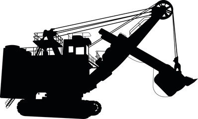 Electric Rope Shovel Machine Silhouette on White Background