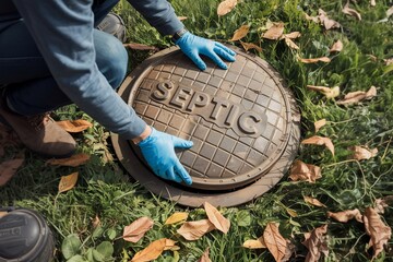 Person opening septic tank cover for inspection and maintenance