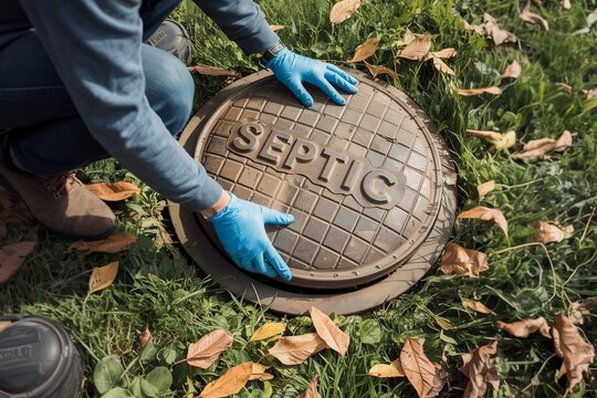 Person opening septic tank cover for inspection and maintenance
