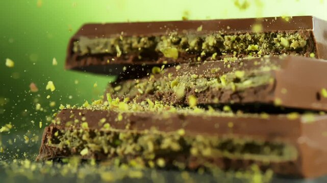 Super Slow Motion of Crushed Pistachios Falling on Dubai Chocolate Pieces at 1000fps.
